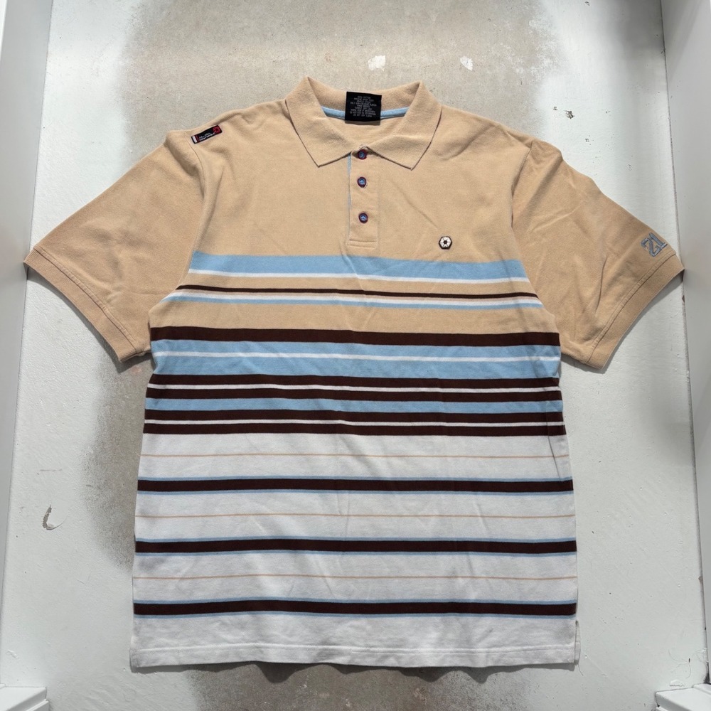 Southpole Mens XL Polo Shirt Tan Blue Striped Short Sleeve Y2K Streetwear Pique